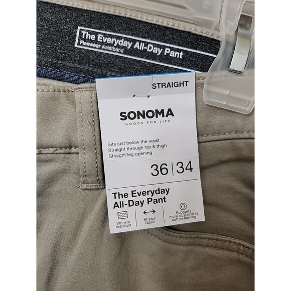 Sonoma Everyday All Day Pants Mens 36x34 Khaki Straight Fit Flexwear Waist NEW - Picture 5 of 11